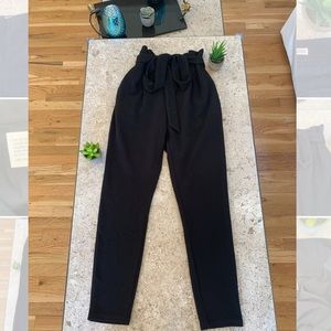 SHEIN Black Paperbag Waist Self Belted Pants